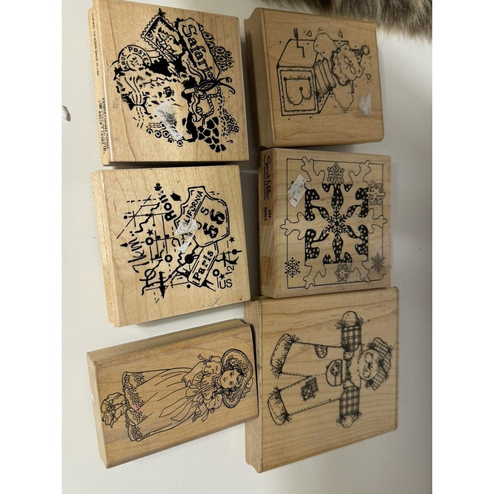 Lot‎ Of 6 Rubber Stamps Vintage Wood Base Medium-large